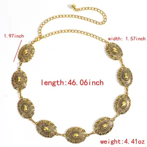 Vintage engraved metal waist chain belt for women with ethnic hollowed oval patterns