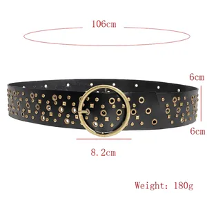 Vintage western punk waist belt with bronze rivets and large round buckle 106cm