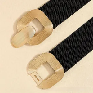 Detail of retro golden metal buckle with concentric texture and black elastic waist belt