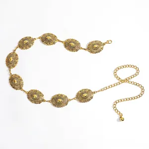 Vintage gold waist chain with engraved floral metal plates and adjustable lobster clasp