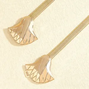Bohemian gold fan-shaped metal waist chain with elastic spring belt for women dresses