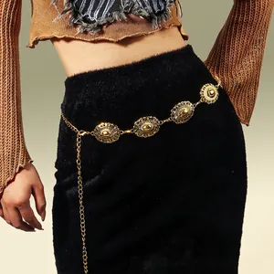 Women Vintage Bohemian Gold Alloy Waist Chain Carved Hollow Out Floral Pattern Adjustable Belly Chain Ethnic Style Belt