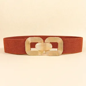 Retro golden geometric double ring buckle on a wide caramel brown elastic belt for dresses