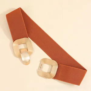 Detailed close-up of brown elastic belt with golden double ring metal buckle texture