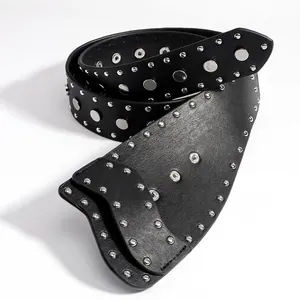 Punk style wide black leather belt with silver metal rivets and snap buttons for jeans