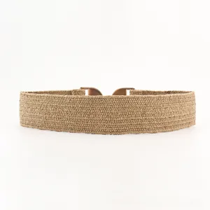 Détail de ceinture tressée élastique kaki avec boucle métallique emboîtable vintage