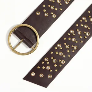 Brown vintage western wide leather belt with brass studs and large round metal buckle