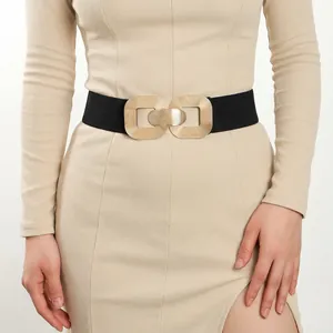 Women Retro Geometric Gold Metal Buckle Elastic Wide Belt Fashion Vintage Cinch Waistband For Dresses Suits Jackets Accessories
