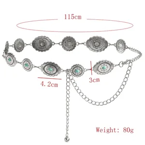 Bohemian vintage metal waist chain with turquoise stones and engraved floral patterns
