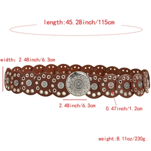Vintage bohemian waist belt for women featuring brown leather discs and silver sun motifs