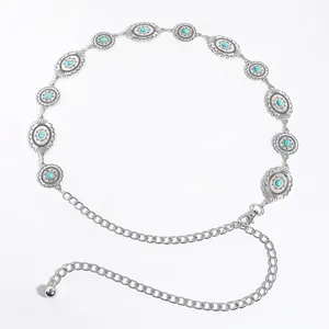 Bohemian silver waist chain featuring vintage metal carving and blue turquoise stones