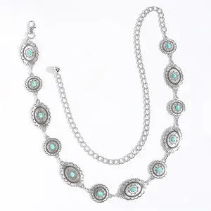Bohemian vintage silver metal waist chain with turquoise stones and ethnic engravings