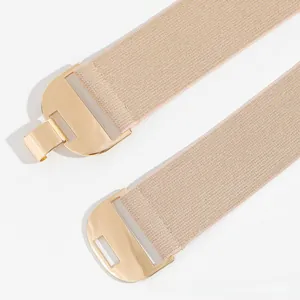 Détail d'une boucle en métal doré miroir sur une ceinture élastique couleur champagne