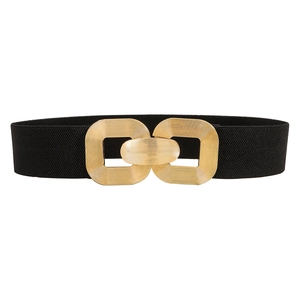 Retro geometric golden interlocking buckles on a black elastic wide waist belt for dresses