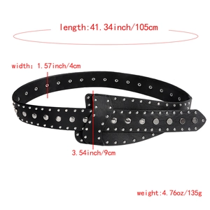 Punk style black studded leather belt with silver rivets and metal buckle measurements