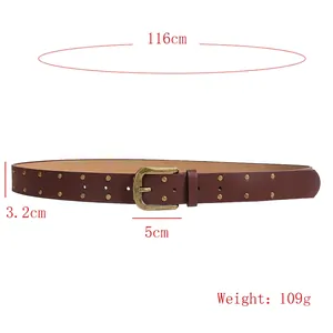 Brown PU leather belt for women with metal studs and 116cm length specifications