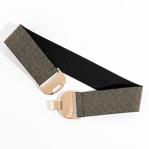 Ceinture élastique large pour femme avec boucles métalliques dorées géométriques