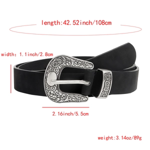 Women's black belt with vintage silver engraved buckle and dimensions for outfit styling