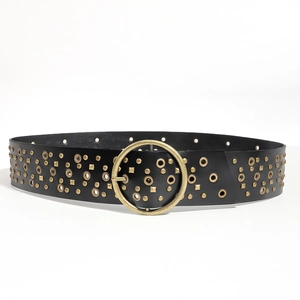 Fashionable black wide belt with gold eyelets and oversized round buckle in western style