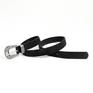 Classic black leather belt featuring an antique silver buckle with floral engravings