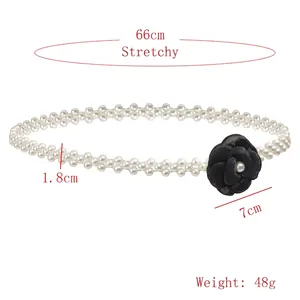 Elastic white pearl waist chain for women with a black camellia flower decorative belt