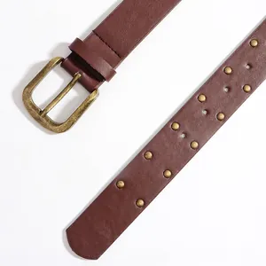 Women's vintage dark brown PU leather belt with two rows of golden metal rivets and buckle