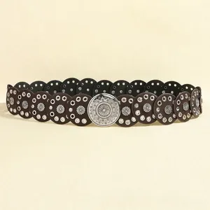 Bohemian dark brown leather belt with silver sunburst buckle and floral studs