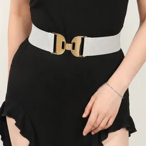 Ceinture Large à Haute Élasticité pour Femme Ceinture de Robe Extensible Tissée Métallique Brillante Boucle Géométrique Dorée