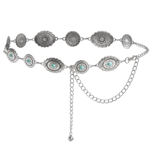 Bohemian silver waist chain with engraved metal conchos and turquoise stone inlays