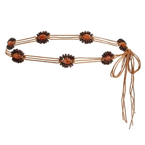 Ceinture tressée vintage pour femme avec cordon marron et breloques de fleurs en bois