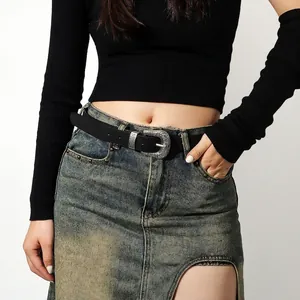Women Vintage Western Cowboy PU Leather Belt With Silver Engraved Metal Buckle Geometric Embossed Waist Belt For Jeans Dresses