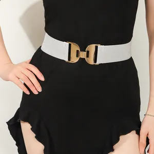 Gros plan d'une ceinture élastique argentée avec une boucle dorée sur une robe noire