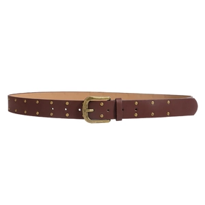 Women's dark brown PU leather belt with double-row metal studs and vintage pin buckle