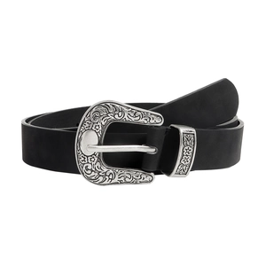 Chic black belt with geometric engraved silver buckle for dresses and trousers