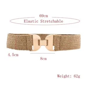 Ceinture tressée élastique kaki avec boucle en métal doré pour mode féminine