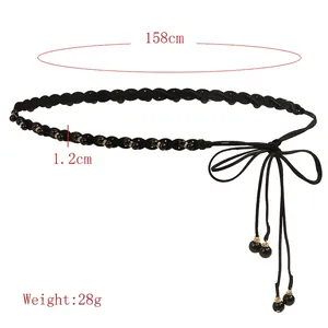 Elegant black woven pearl belt for women with 158cm tassels and golden metal accents