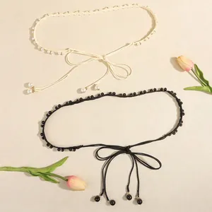 Elegant woven pearl waist chains in black and white set for women dresses styling