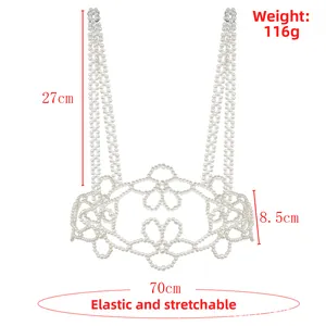 Detail of beaded pearl body chain with floral patterns and stretchable elastic design