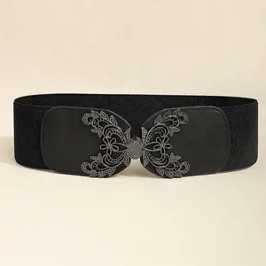 Ceinture large élastique noire pour femme avec boucle papillon vintage en métal