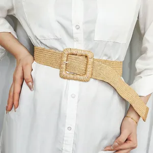 Women's Bohemian Straw Woven Wide Belt Vintage Square Buckle Casual Braided Waist Seal For Dresses Summer Vacation