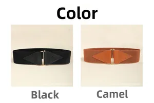 Details schwarzer und camelfarbener elastischer Taillengürtel mit Lederpatches und Haken