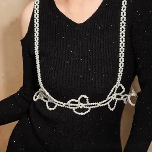 Elegant White Imitation Artificial Pearl Body Chain Women Flower Beaded Vest Style Waist Chain Party Wedding Decoration Accessory