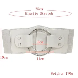 Wide black elastic waist belt for women with double silver metal rings and stud detail