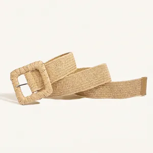 Bohemian style wide straw woven belt with a large square buckle for dresses