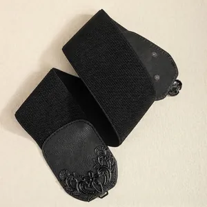 Ceinture corset élastique noire pour femme avec boucle florale vintage et boutons