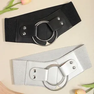 Chic wide elastic corset belts for dresses with double ring buckles in black and silver