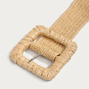 Bohemian wide woven raffia belt with oversized square buckle for women's dresses