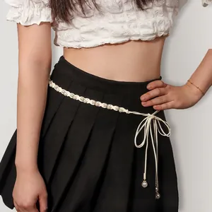 Elegant Woven Waist Chain For Women Artificial Pearl Rhinestone Suede Cord Decorative Belt Tying Bowknot Dress Fashion Accessory