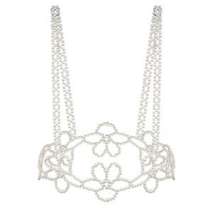 Elegant white pearl body chain vest with intricate floral beaded patterns for women