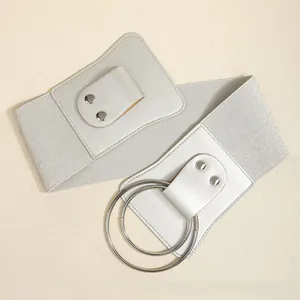 Detail view of stylish wide elastic corset belt with large silver double ring buckle